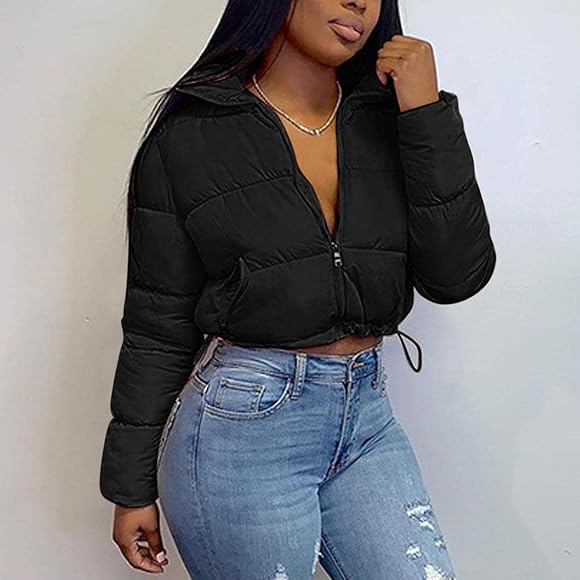 Puffer Jacket for Women Long Sleeve High Neck Full Zip Up Plain
